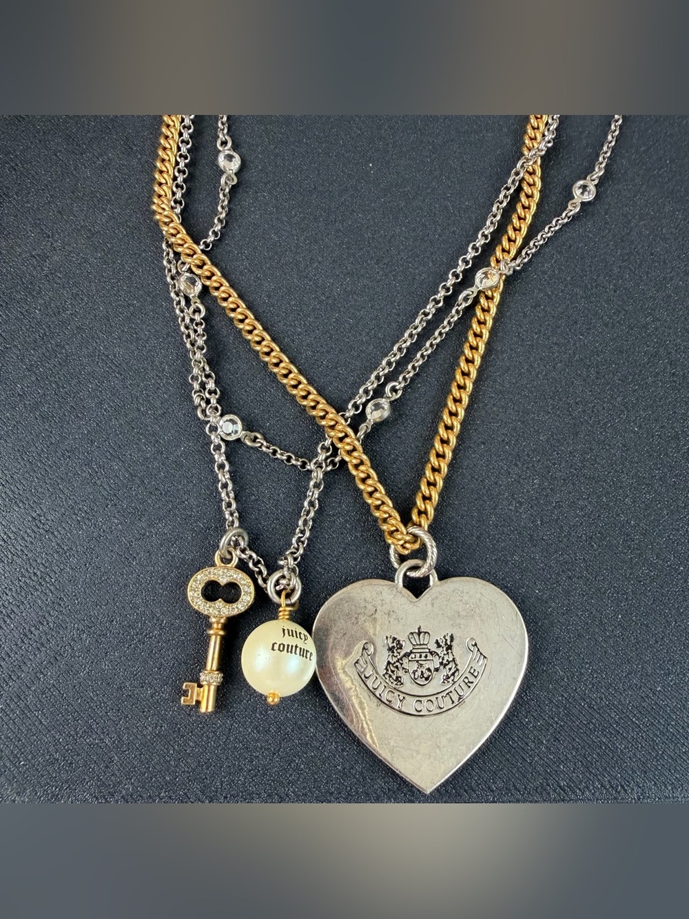 Juicy Couture Chunky Multi Chain Heart Pearl Key Necklace Layered Gold Silver